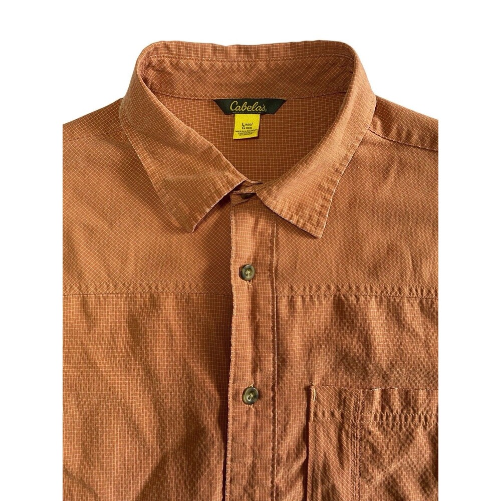 Cabela's Shirt Mens Large Salmon Plaid Short Sleeve Detailed Pocket Button Modal